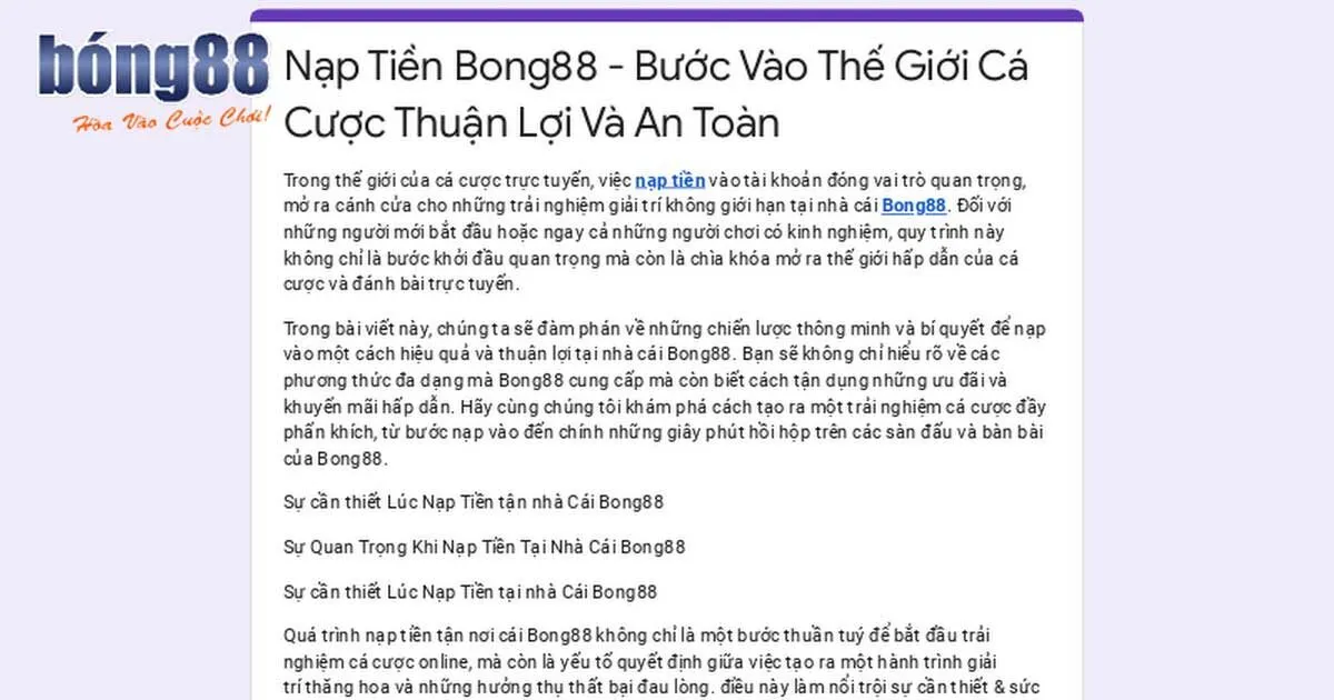 Tính năng nạp tiền Bong88